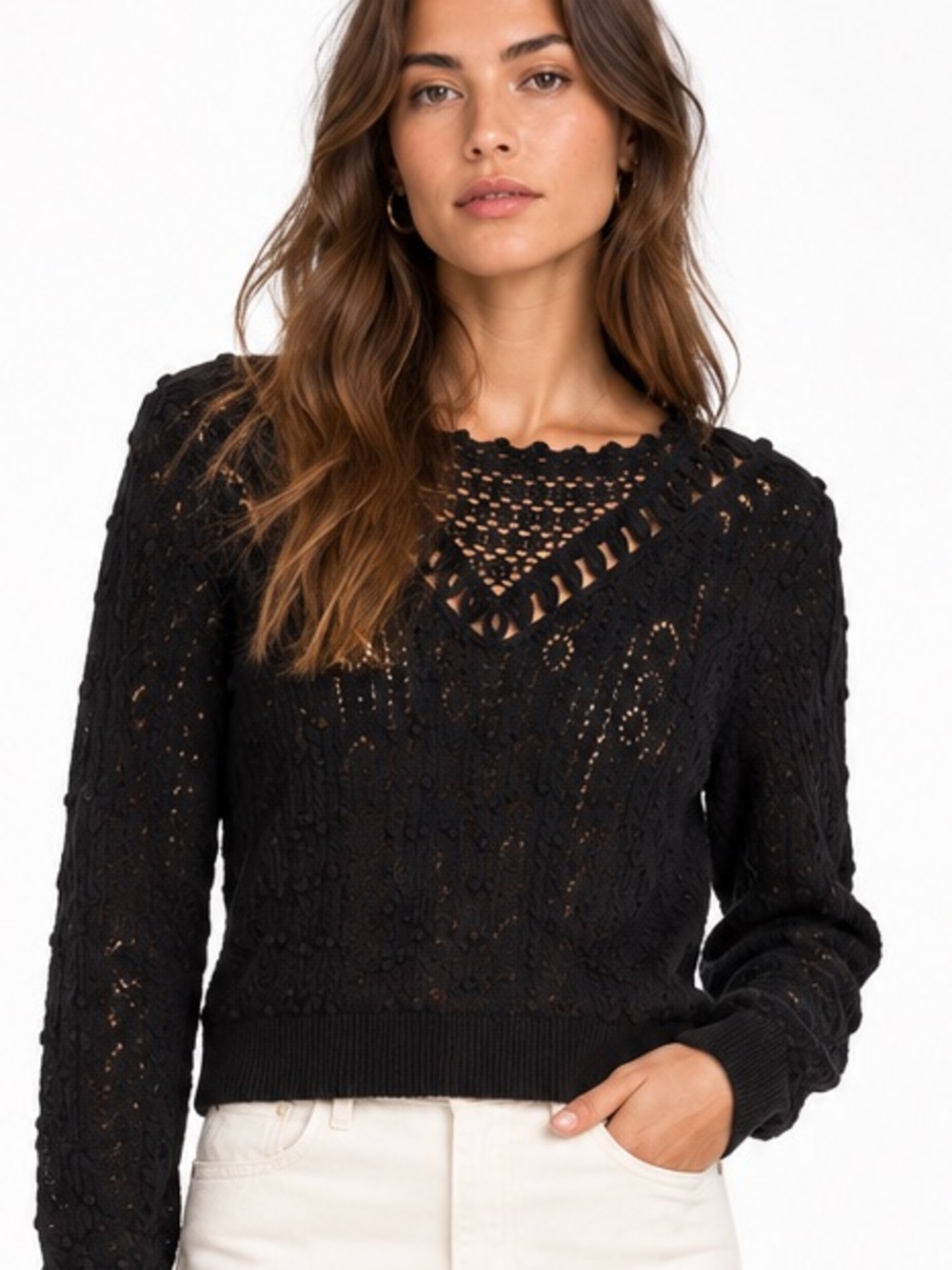 Black Open-Knit V-Neck Women's Sweater